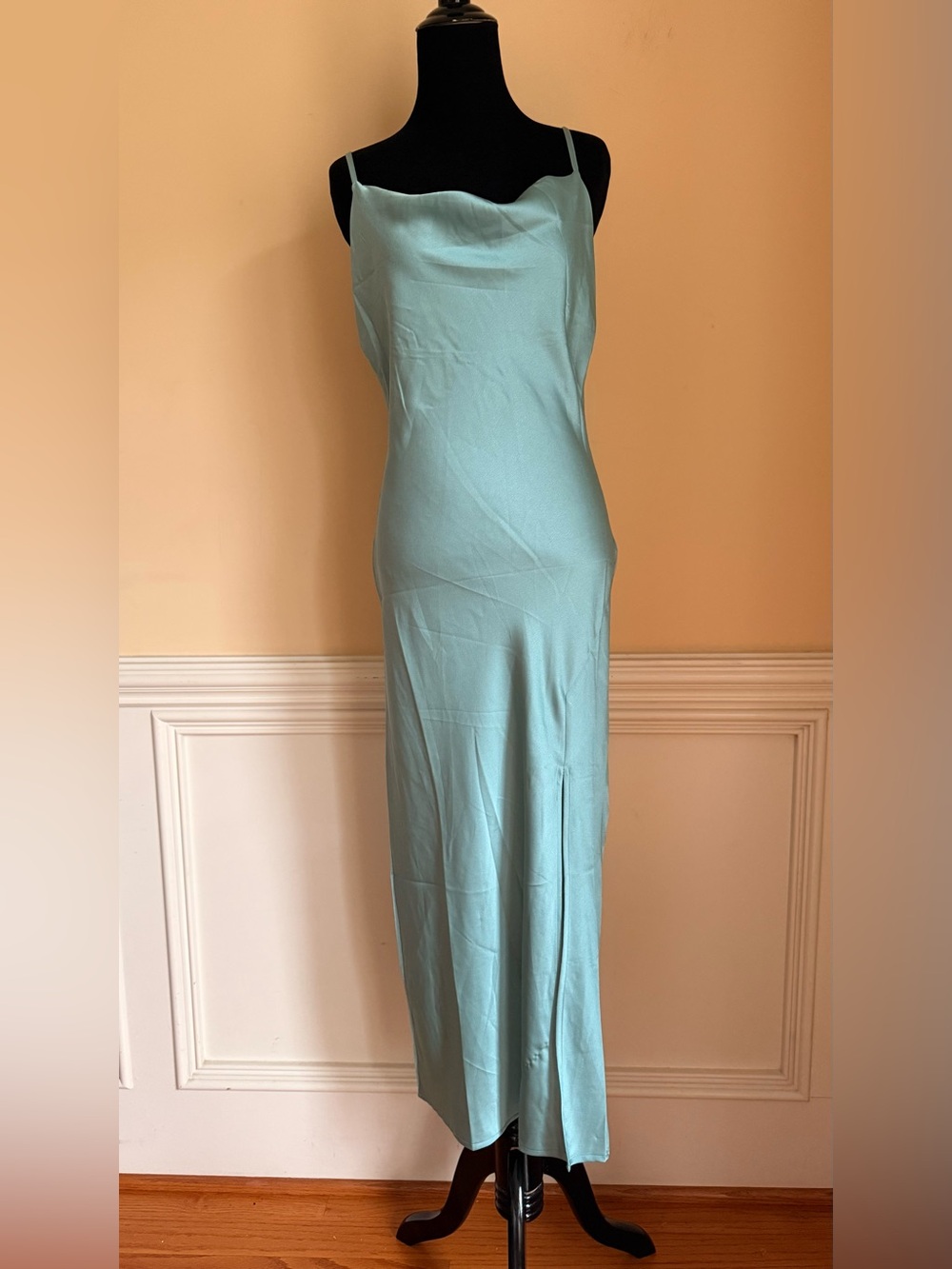 Paper Heart Satin Cowl Neck Slip Maxi Dress Light Mint Blue Size S